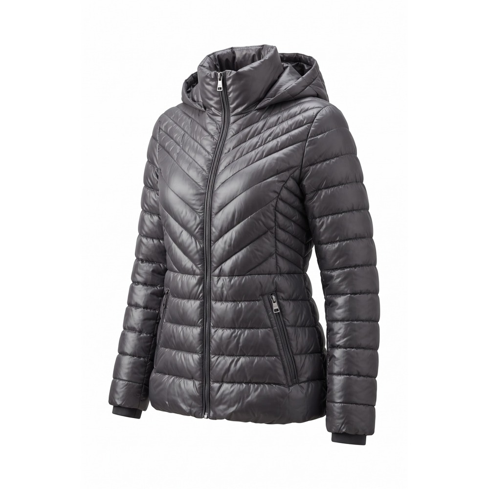 Kenneth Cole New York Womens Puffer Jacket Gray Chevron Quilted Hooded Small